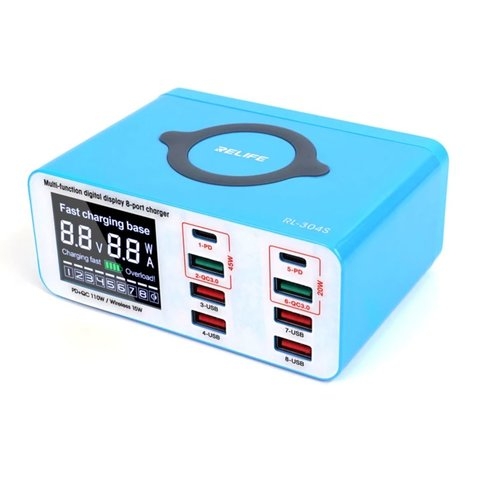 Сетевое зарядное устройство RELIFE RL-304S, 110 Вт, Wireless Charge, Quick Charge, Power Delivery (PD), 8 портов