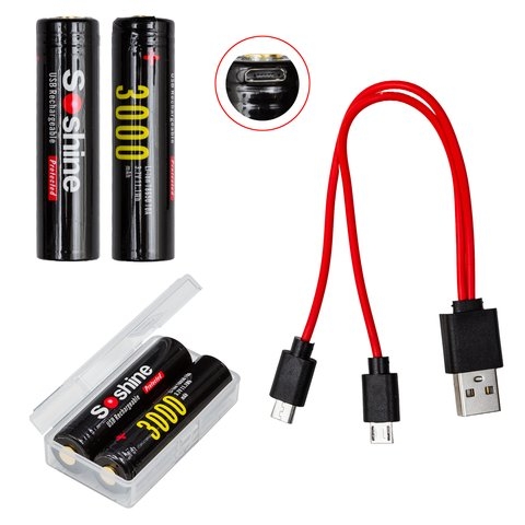 Акумулятор 18650 Soshine, 3000 mAh, 3,7 В, Li-ion, 2 шт., с защитой, c кабелем, заряджається від micro USB Type-B | АКБ, батарея, аккумулятор